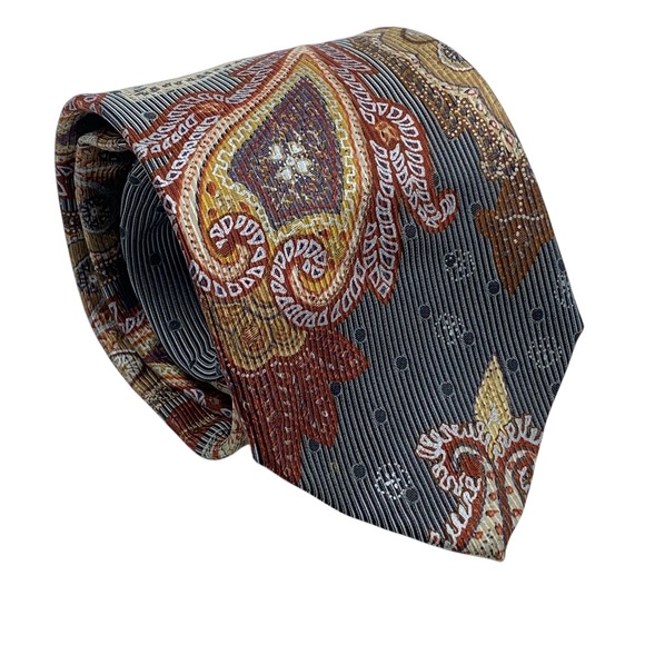 Brioni Men's Hand Made Silk Neck Tie Red Gold Beige Paisley Floral Designer Tie